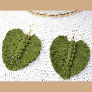 Olive Green Macramé Feather Earrings